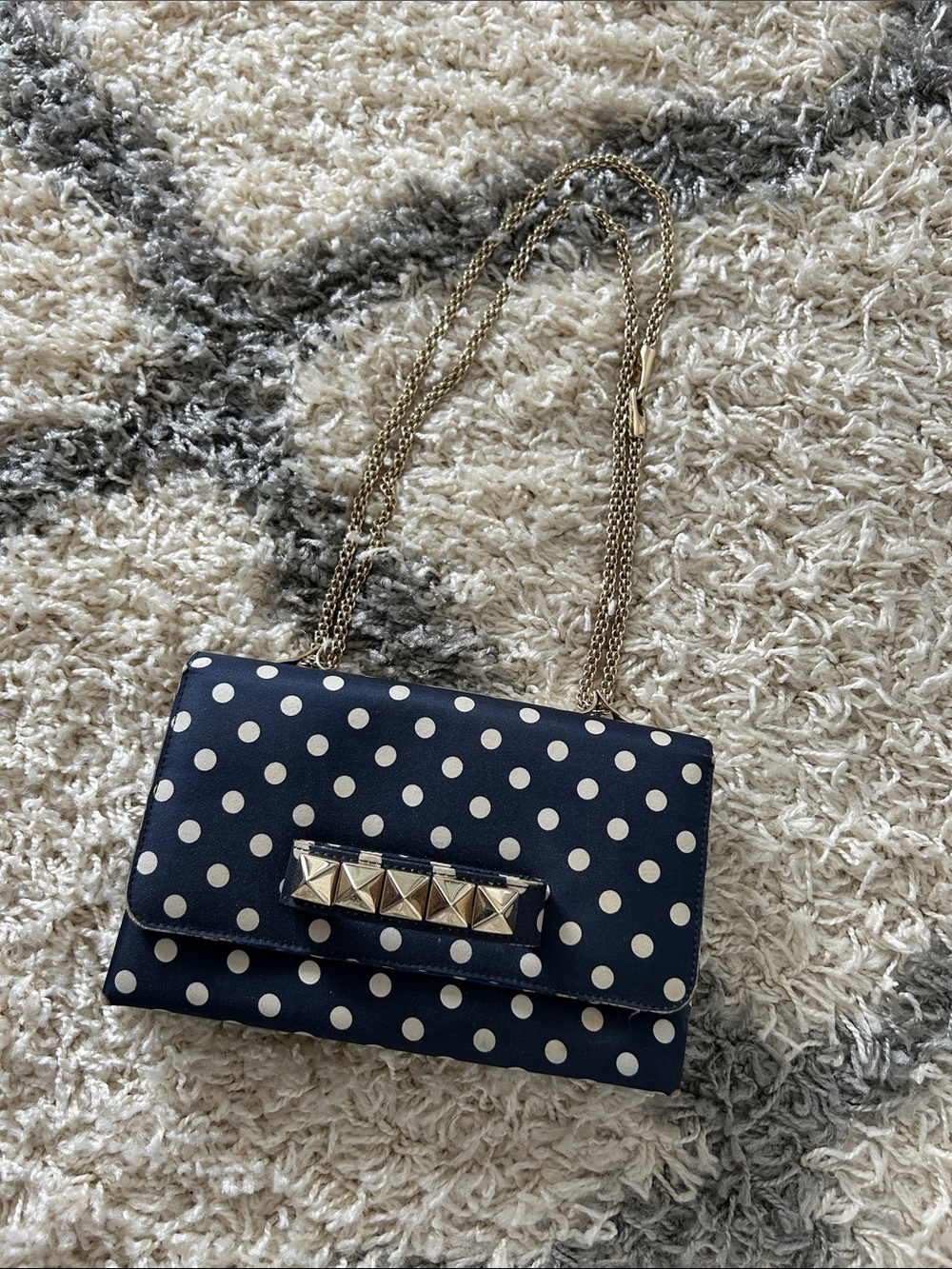 VALENTINO Polka Dot Rockstud Navy Chain Shoulder Bag